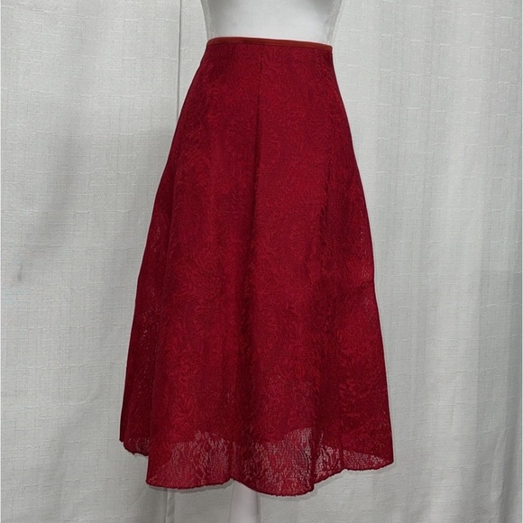 Women’s Red Skirt Lace Jacquard Pleated High Waist Floral Pleated A-Line NEW - Picture 1 of 11